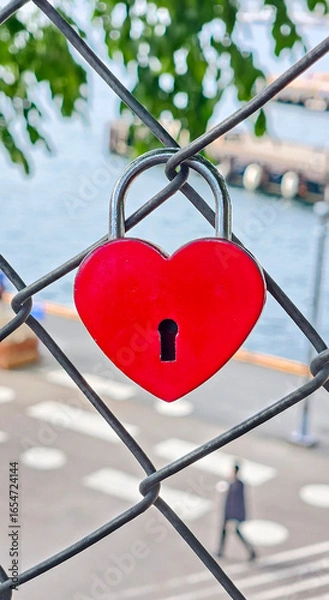 Obraz A heart-shaped padlock attached to a chain link fence with an urban cityscape visible in the background