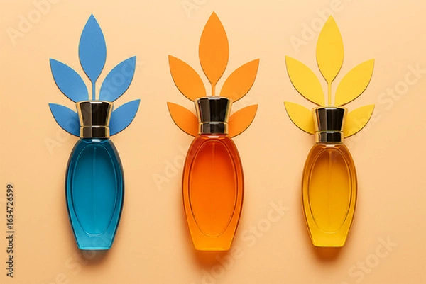 Fototapeta Colorful Perfume Bottles with Paper Leaves on a Beige Background