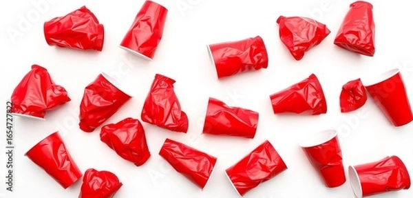 Fototapeta Several crumpled red plastic cups, isolated on white, environment, eco