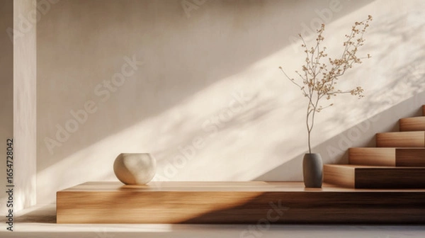Fototapeta Minimal Zen Platform with Vase and Wooden Bowl