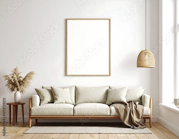 Fototapeta Minimalist Living Room Mockup: Beige Sofa, Pampas Grass, and Empty Frame