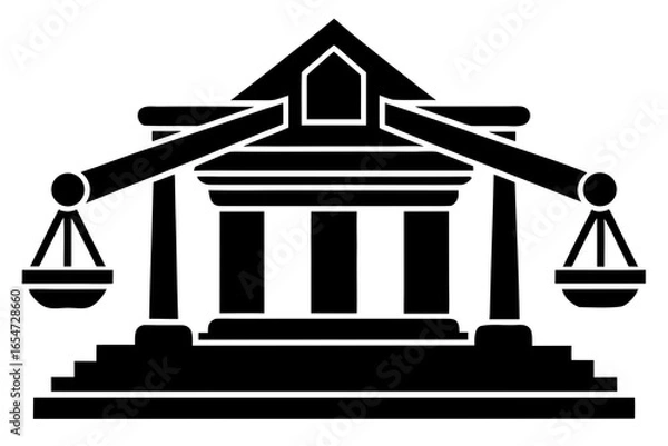 Fototapeta Illustration of a courthouse with scales of justice, symbolizing the legal system and the balance of law, isolated on white background