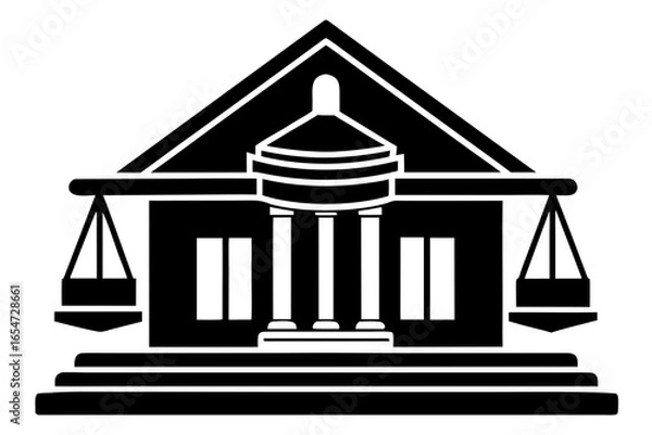 Fototapeta Vector art of courthouse icon with scales of justice isolated on white background, representing law, legal system, and government authority