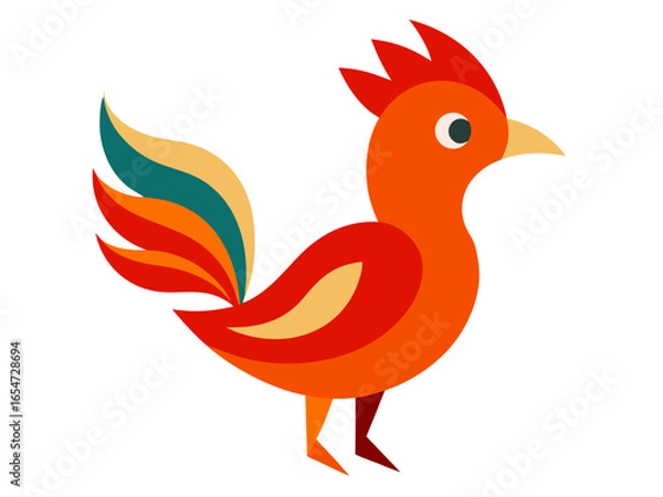 Fototapeta Vector art of colorful rooster illustration isolated on white background, depicting a stylized farm animal with vibrant feathers and a playful design