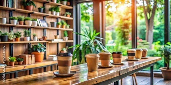Obraz Several disposable coffee cups sit on a wooden counter in a sunlit cafe with potted plants on shelves