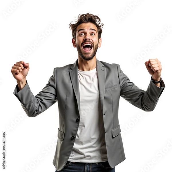 Fototapeta Excited young man cheering with fists isolated on transparent background