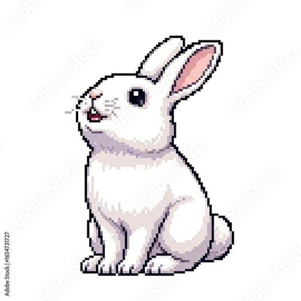Fototapeta A pixelated illustration of a white rabbit sitting upright, looking upwards with a happy expression.