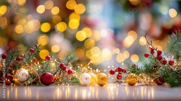 Fototapeta Festive Christmas decorations featuring greens, berries, and ornaments with a bokeh background of warm lights