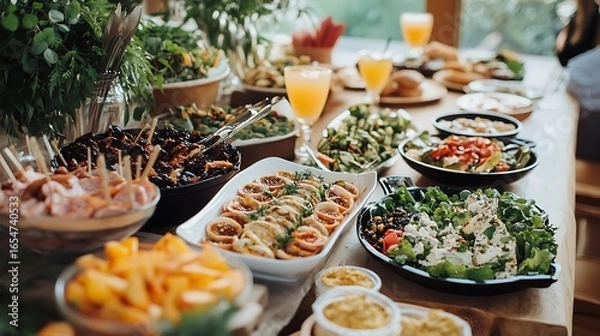 Obraz Table with plates full of various fresh food in cafe, freshly squeezed juices, eggs, fruits and sausages. Each bowl features various vegetables, herbs, and proteins, inviting a nutritious dining exper