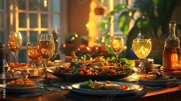 Obraz Table with plates full of various fresh food in cafe, freshly squeezed juices, eggs, fruits and sausages. Each bowl features various vegetables, herbs, and proteins.