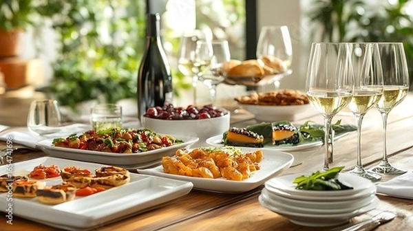 Obraz Table with plates full of various fresh food in cafe, freshly squeezed juices, eggs, fruits and sausages. Each bowl features various vegetables, herbs, and proteins.