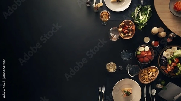 Obraz Table with plates full of various fresh food in cafe, freshly squeezed juices, eggs, fruits and sausages. Each bowl features various vegetables, herbs, and proteins.