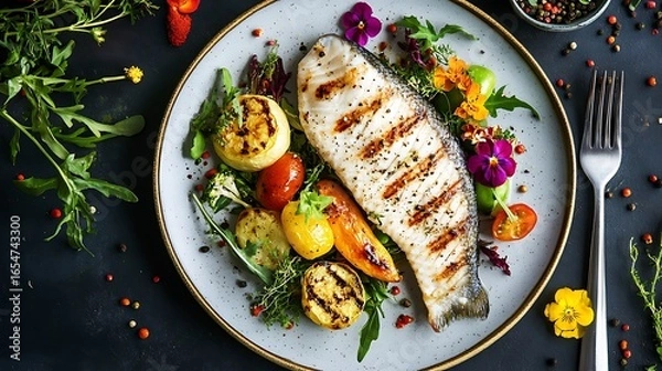 Obraz Top-down view of a fine dining plate with a grilled fish fillet, roasted vegetables, and edible flowers, creating a visually appealing culinary masterpiece.