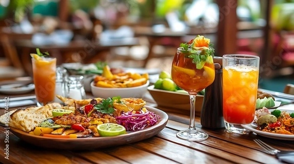 Obraz Table with plates full of various fresh food in cafe, freshly squeezed juices, eggs, fruits and sausages. Each bowl features various vegetables, herbs, and proteins.