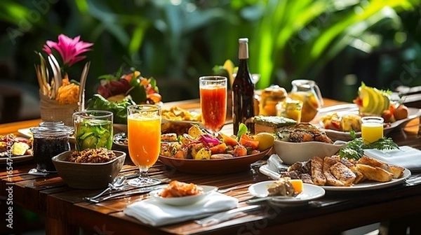 Obraz Table with plates full of various fresh food in cafe, freshly squeezed juices, eggs, fruits and sausages. Each bowl features various vegetables, herbs, and proteins.