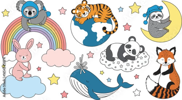 Fototapeta Adorable Animal Cartoon Characters on Clouds and Rainbow