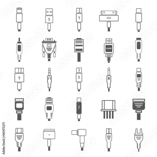 Fototapeta Electric plug, connectors and jack flat line icons set. Collection Connection technology, connector electric power, mobile devices connect, wire and socket