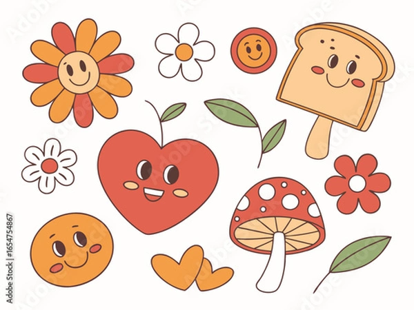Fototapeta Cute cartoon groovy element vector. Collection of cartoon characters, doodle smile face, flower, apple, orange, heart, bread, mushroom. Retro groovy hippie design for decorative