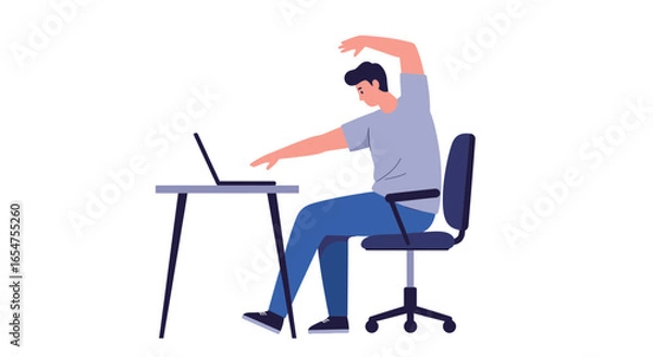 Fototapeta Ergonomic break reminder, man stretching at desk for wellness, office worker relaxing from screen, healthy lifestyle