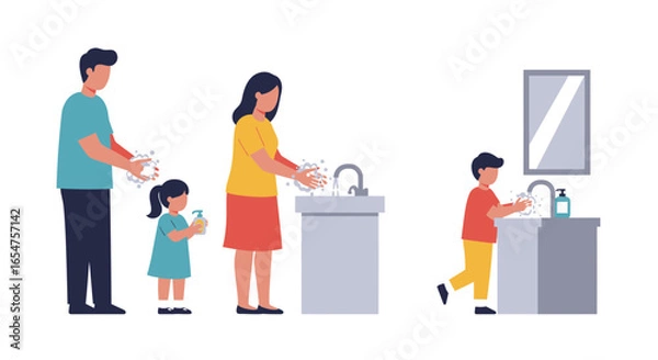 Fototapeta Family practicing proper handwashing techniques for hygiene and health in modern bathroom