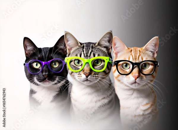 Fototapeta Musical team: three cats in colorful glasses sing to musical notes — a funny and creative portrait