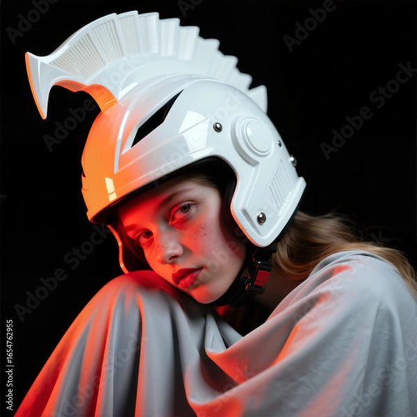 Fototapeta Futuristic image: a girl in a stylized helmet and a luminous atmosphere for a creative photo shoot