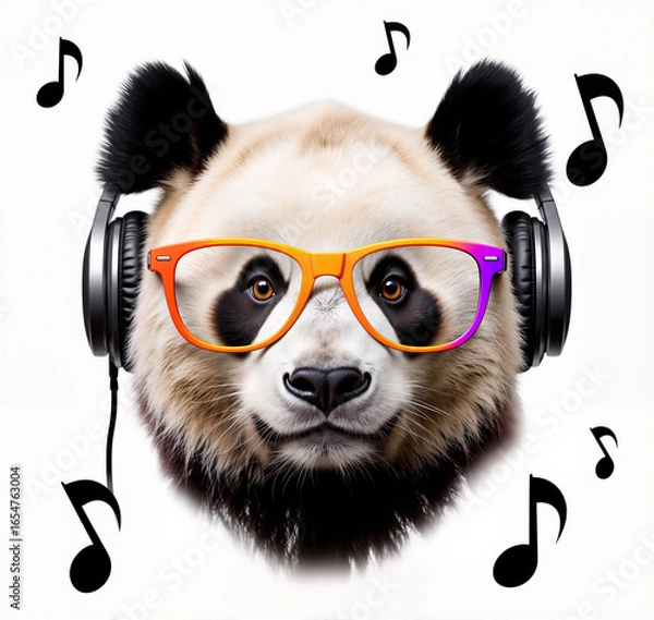 Fototapeta Stylized panda in glasses and headphones enjoys music — a vivid and funny creative portrait
