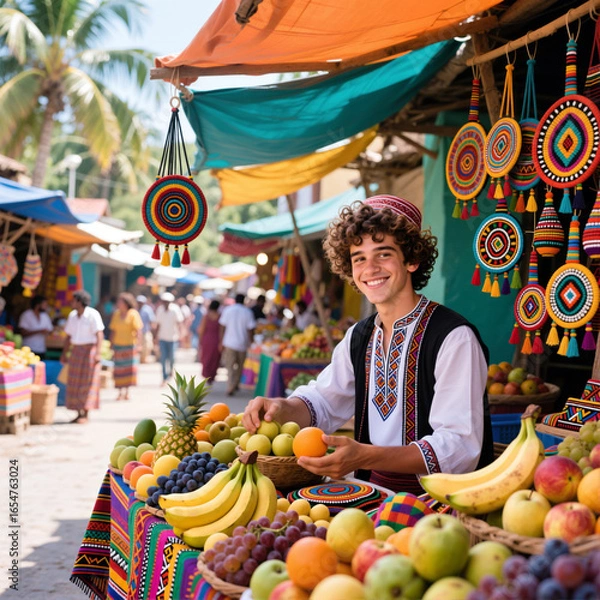 Fototapeta Vibrant Oriental Market: Smiling vendor offers fresh fruits amid colorful souvenirs and tropical atmosphere