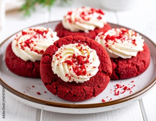 Fototapeta Indulge in festive red velvet cookies with creamy frosting for sweet holiday cheer and delicious treats