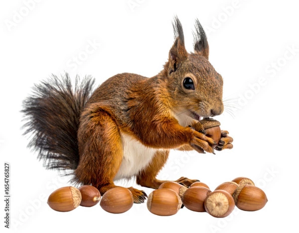 Fototapeta Adorable red squirrel eating acorn while surrounded by scattered nuts on transparent white background