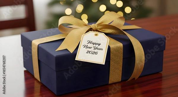 Fototapeta A beautifully wrapped dark blue gift box with a gold ribbon and a tag that reads Happy New Year 2023 in front of a blurred Christmas tree