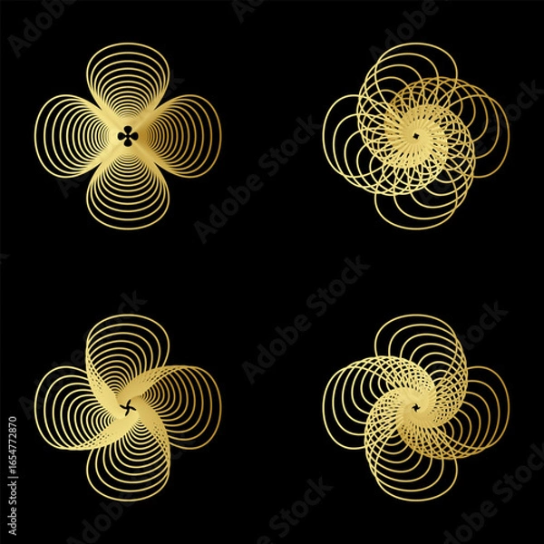 Fototapeta Golden Abstract Circular Geometric Line Patterns on Black Background