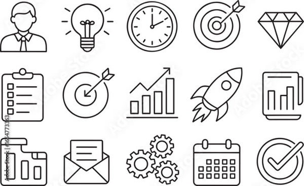Fototapeta Business and productivity vector icon set with line art illustrations of businessman, light bulb idea, clock, target, diamond, checklist, growth chart, rocket, gears, calendar, email, and check mark.