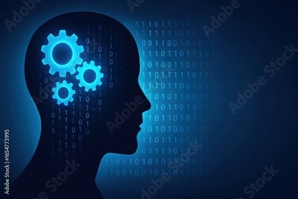 Fototapeta Abstract Concept of Artificial Intelligence and Human Thinking with Gears and Binary Code