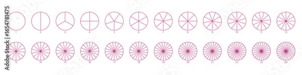 Fototapeta Segmented circles set. Diagram wheel parts. Line art segment slice sign. Circle section graph. Pie chart icon. Round diagram part infographic. Geometric element. Vector illustration