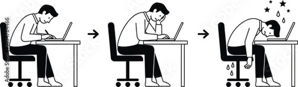 Fototapeta Vector art of man progressively slumping over his laptop at a desk, showing extreme fatigue and exhaustion from work