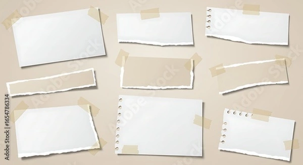 Fototapeta Assorted White Torn Paper Pieces with Beige Tape on Neutral Background