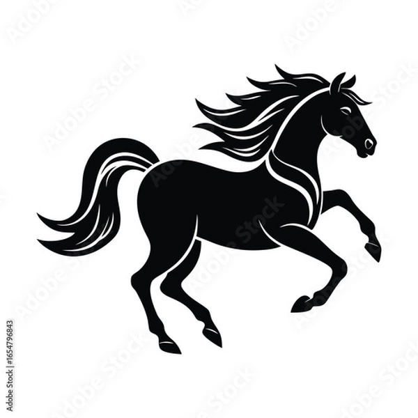 Fototapeta Elegant black horse silhouette galloping with flowing mane and tail