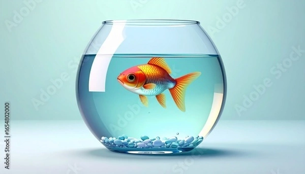 Obraz A peaceful gold fish swims in a round glass fishbowl against a light teal backdrop, showcasing a serene and tranquil scene.