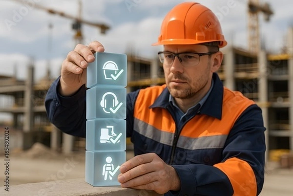 Fototapeta A construction worker thoughtfully placing cubes with safety icons, symbolizing workplace safety. 