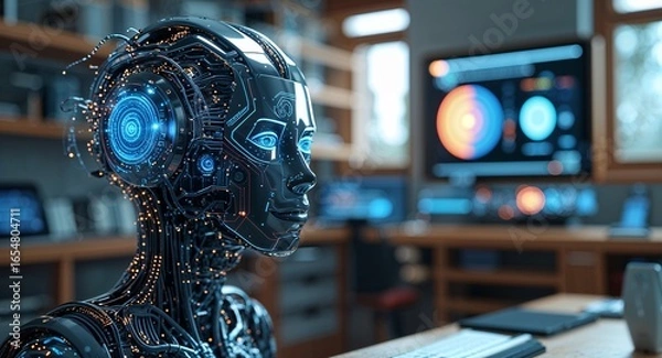 Obraz A futuristic robot with glowing blue eyes and intricate circuitry working at a desk indoors