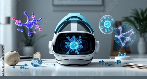 Obraz Virtual reality headset displaying scientific molecules on a white desk in a bright room