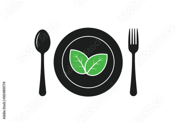 Fototapeta Minimalist icon of a plate with leaves, spoon, and fork