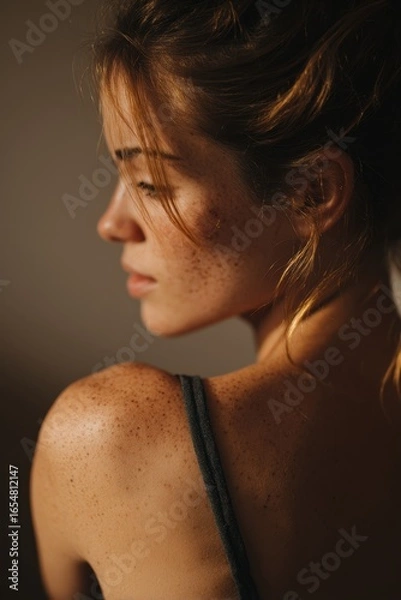 Fototapeta Pensive woman with freckles in soft light for portrait concept
