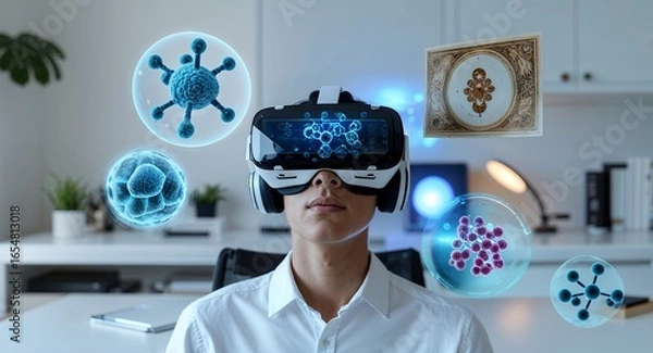Obraz Man wearing vr headset surrounded by floating molecular structures in a bright room