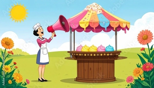 Fototapeta A cheerful woman in a chef's outfit uses a megaphone to announce sweet treats at a colorful outdoor stand in a sunny meadow.