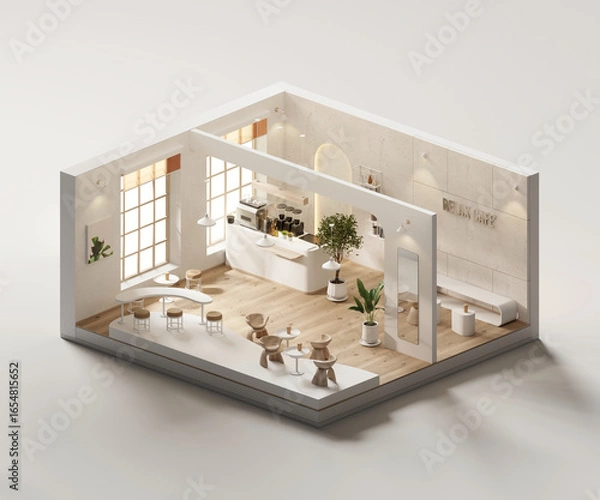 Fototapeta Isometric view black and white minimal cafe store interior architecture, 3d rendering digital art.	

