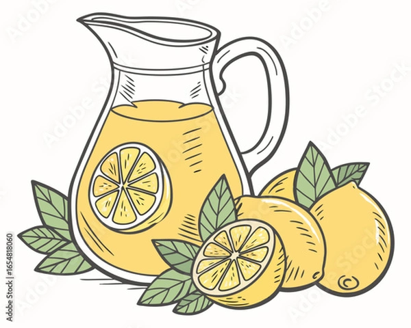 Fototapeta Watercolor illustration features glass pitcher filled with refreshing lemonade, garnished with lemon slices, fresh leaves