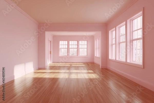 Fototapeta A sunlit, empty room, painted a delicate shade of pink, showcasing hardwood floors and large windows.