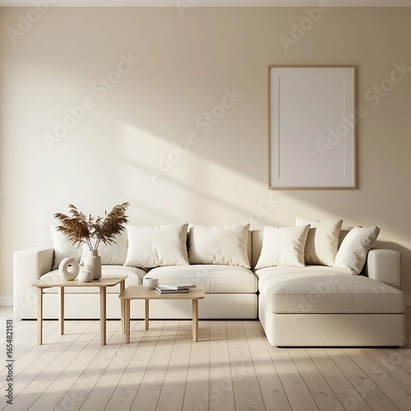 Fototapeta Serene modern living room interior design with neutral tones and minimalist decor creating a calming and inviting atmosphere for relaxation and comfort